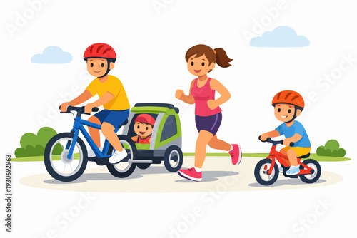 Family enjoying outdoor sports, cycling and jogging, promoting active healthy lifestyle