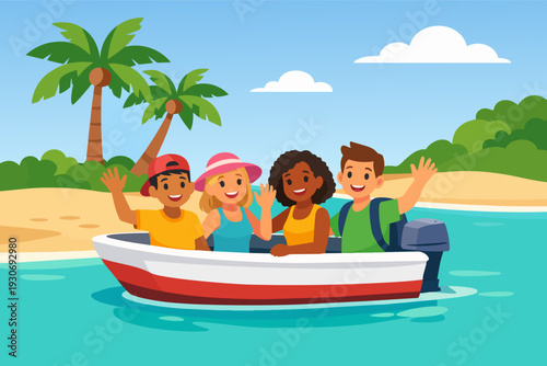 Young happy people having fun traveling in a motorboat on a sunny tropical ocean