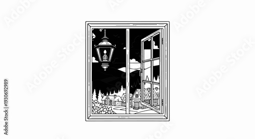 Window view of a village at dusk with a lit lantern