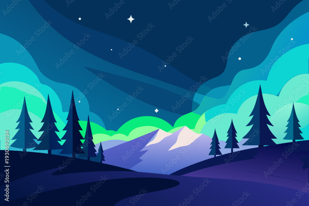 Obraz premium Vector illustration of night landscape with mountains and trees
