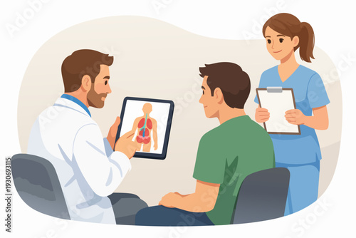 Doctor discussing human anatomy with patient using digital tablet, nurse observing