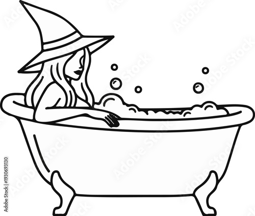 Woman in witch hat relaxing in bubbly bathtub
