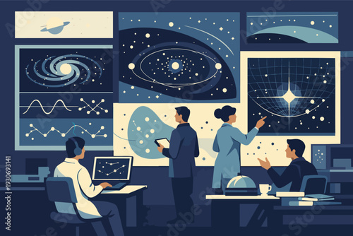 Scientists researching space and cosmos, analyzing astronomy data in control room