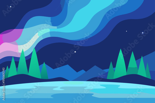 Vector illustration of northern lights over a landscape