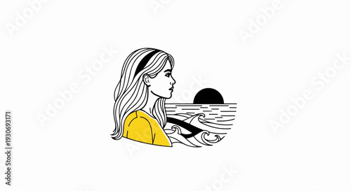 Woman in yellow shirt looking at a black sun setting over the ocean waves