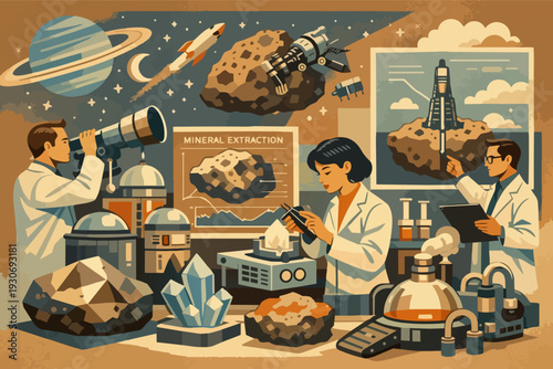 Scientists researching asteroid mining and space exploration for mineral extraction
