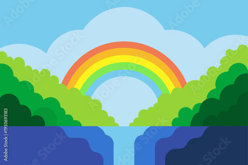 Vector illustration of a rainbow over a waterfall