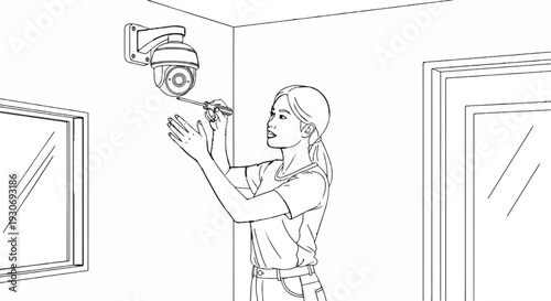 Woman installs security camera with a screwdriver