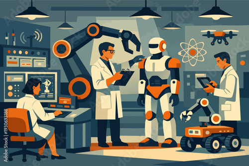 Engineers developing artificial intelligence and robotics in a high-tech research laboratory