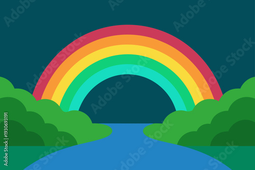 Vector illustration of a rainbow over a river