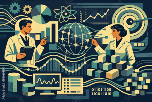 Scientists analyzing global data and research statistics with modern technology