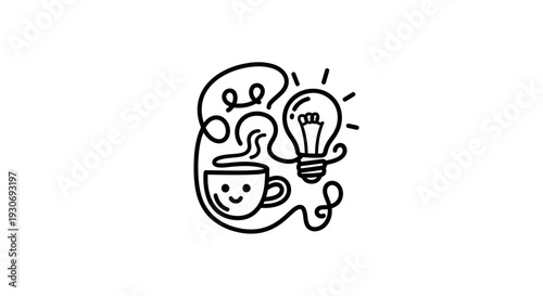 Simple line drawing of a brain with a coffee cup and lightbulb.