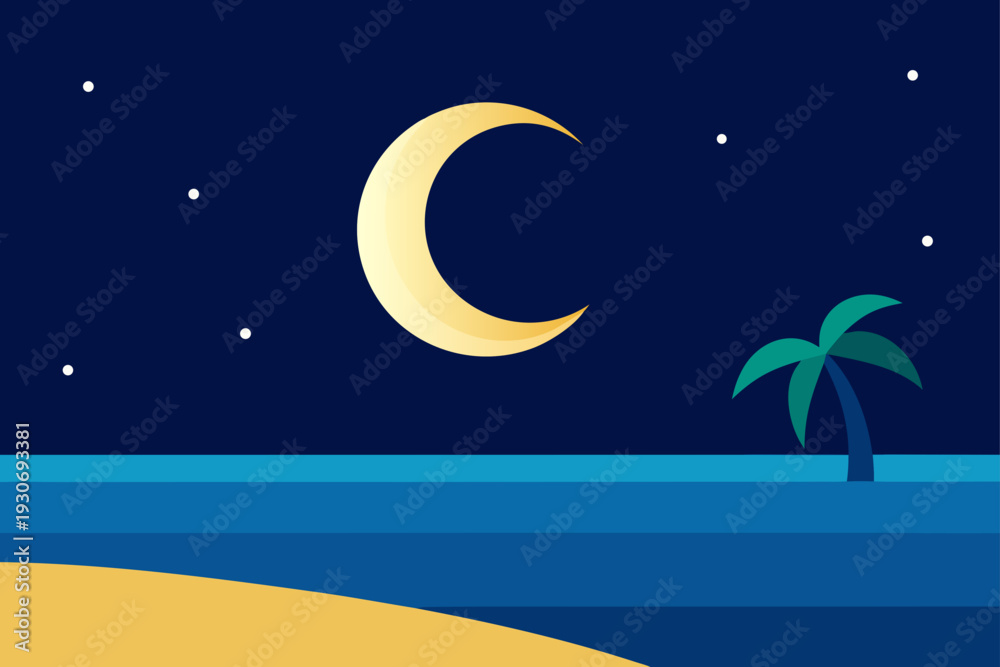 Fototapeta premium Vector illustration of a night beach scene with palm tree and crescent moon
