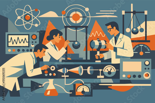 Scientists collaborating in a laboratory conducting physics and chemistry experiments