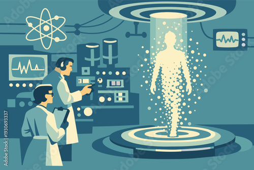 Scientists experimenting with human teleportation in quantum physics laboratory