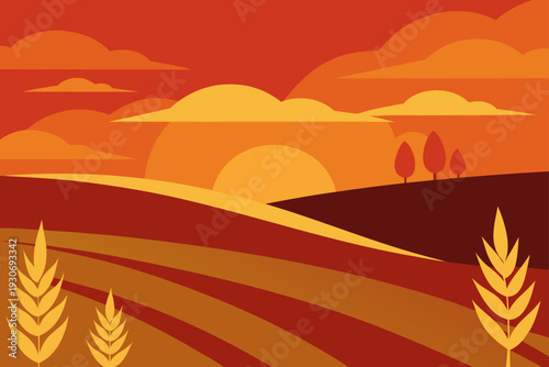 Vector landscape illustration of sunset over wheat field