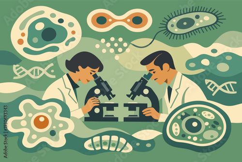 Researchers analyzing microscopic cells and dna in a laboratory environment