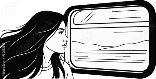 Woman looks out of a train window at a serene landscape