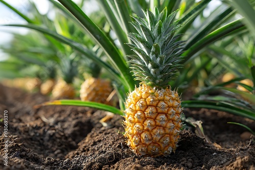 Ripe pineapple fruit growing on farm field