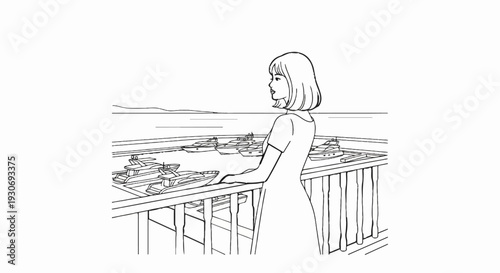 Woman looks at yachts docked in a serene harbor with distant hills