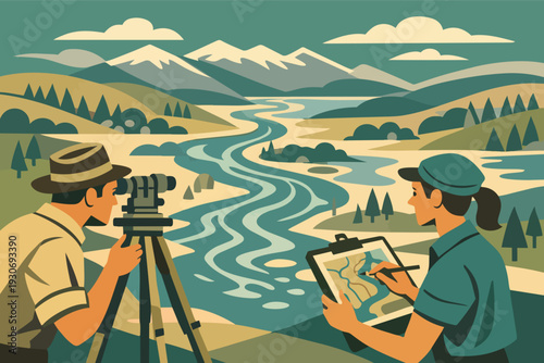 Geographers surveying land, mapping river and mountains, exploring nature