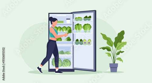 Woman organizing fresh vegetables and avocados in a refrigerator