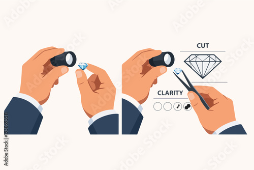 Hand inspecting diamond with jeweler's loupe, evaluating gem quality and clarity