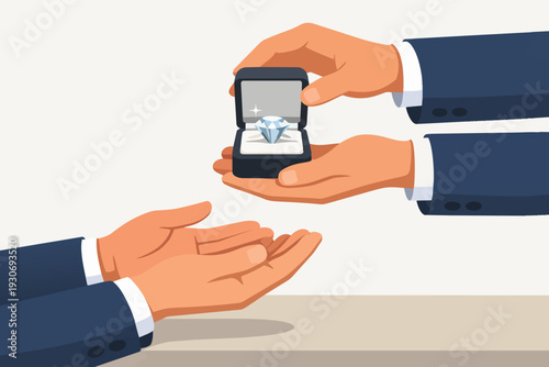 Giving engagement ring in jewelry box, romantic proposal moment