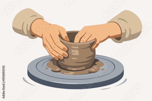 Potter hands molding clay on a spinning wheel, forming a ceramic pot