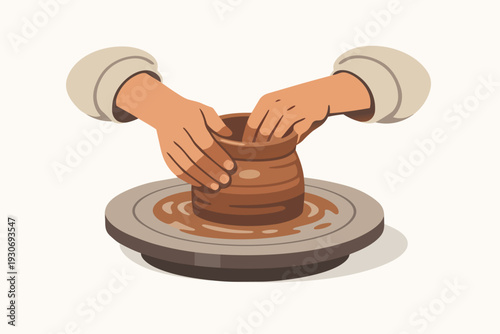 Potter's hands working on a pottery wheel, shaping clay into a pot
