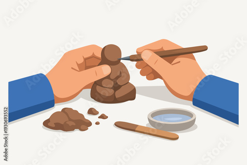 Hands carefully sculpting a clay figurine with potter's tools, creating art
