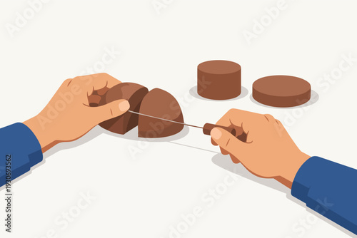 Hands cutting brown food item into pieces using a specialized slicer