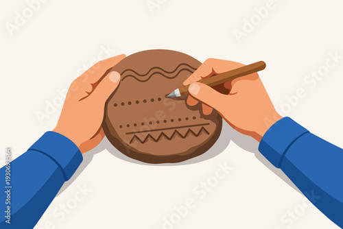 Artisan hands decorating clay pottery with tools, creating handmade ceramic art design