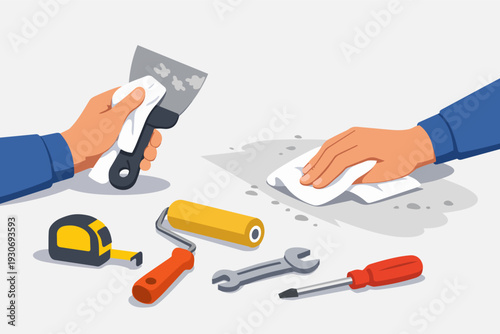 Hands cleaning tools after finishing home repair and improvement work