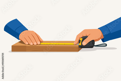 Hands measuring wooden plank with tape measure for carpentry work and diy projects