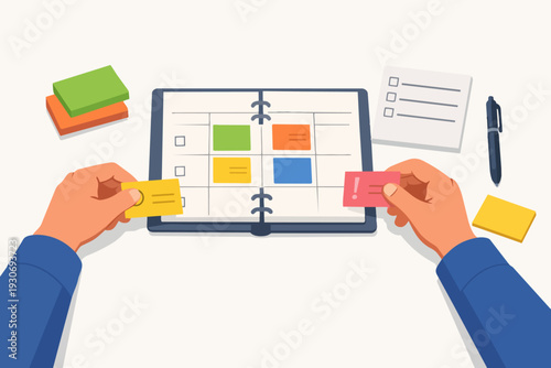 Hands organizing task cards on a weekly planner, planning schedule and productivity