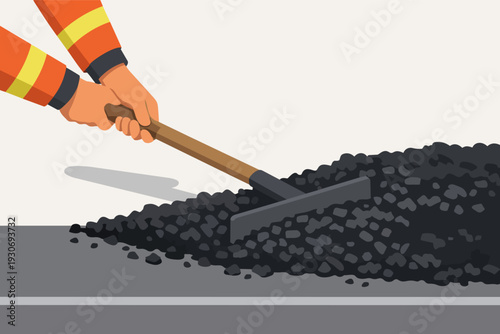 Road worker spreading asphalt mix, performing pavement construction and repair