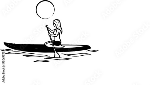 Woman paddling on a board in wavy water with a sun symbol above