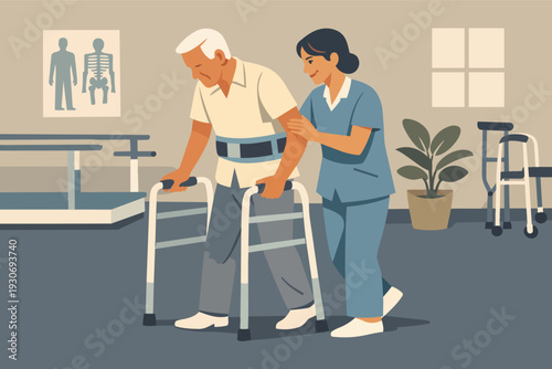 Elderly man doing physical therapy with nurse assistance, using a walker for mobility