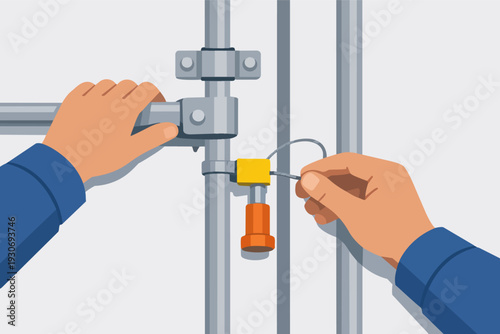 Hands applying security seal to industrial valve, ensuring safety and protection