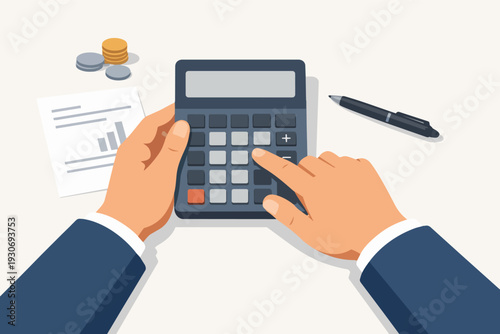 Hands of a businessman calculating finances for budget planning and accounting on a table