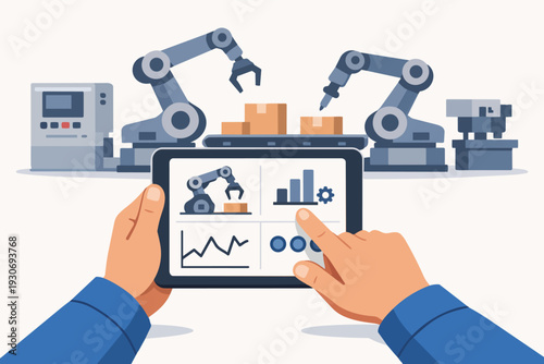 Hand controlling smart factory automation with robotic arms on digital tablet screen