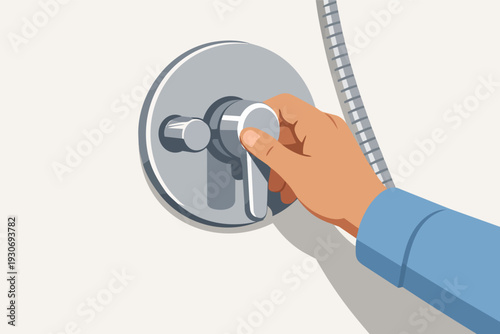 Hand adjusting shower faucet handle, controlling water temperature in bathroom