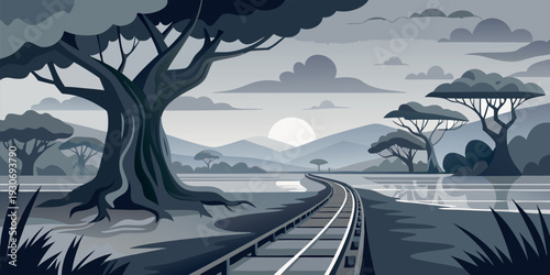 Grayscale Minimalist Vector Illustration of a Savanna Landscape with Ancient Tree and Winding Road at Sunset