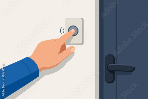 Hand ringing doorbell on a white wall next to a dark blue door