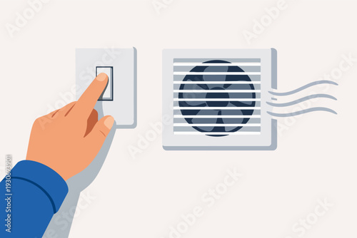 Hand turning on ventilation fan for air exchange and improving indoor quality