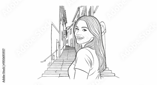 Woman smiling and looking back down a staircase in a European-style alley