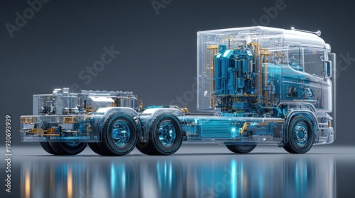 Modern semi-truck engine. Shows advanced engineering, future transport.
