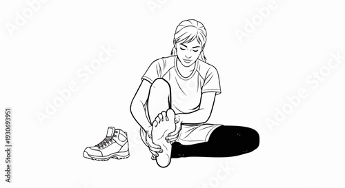 Woman stretching her foot, with a boot nearby
