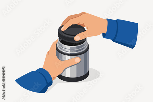 Hands opening a thermos food jar, unscrewing lid from insulated container